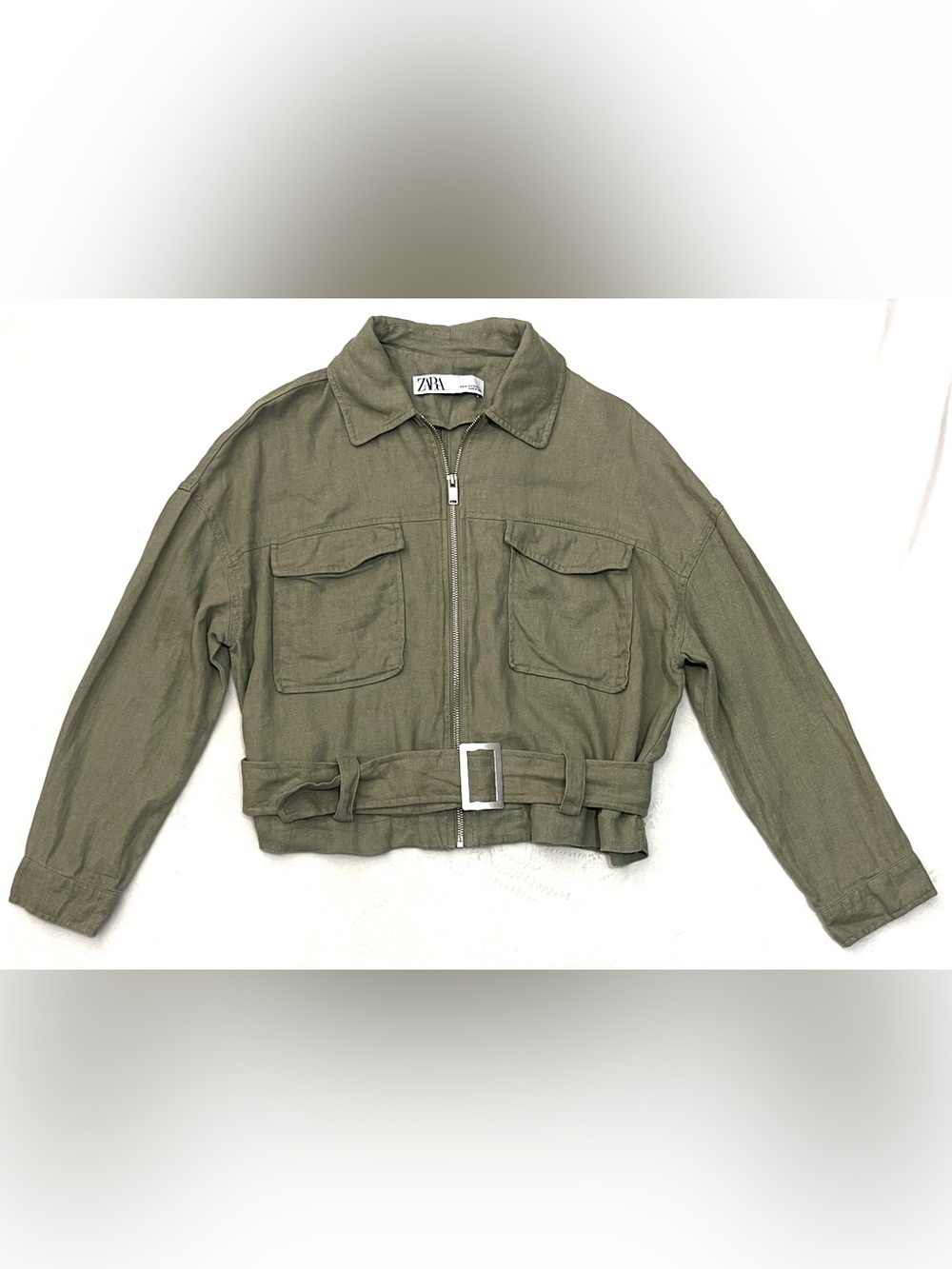 Zara Linen Blend Olive Green Utility Belted Cropped Women’s Jacket Medium
